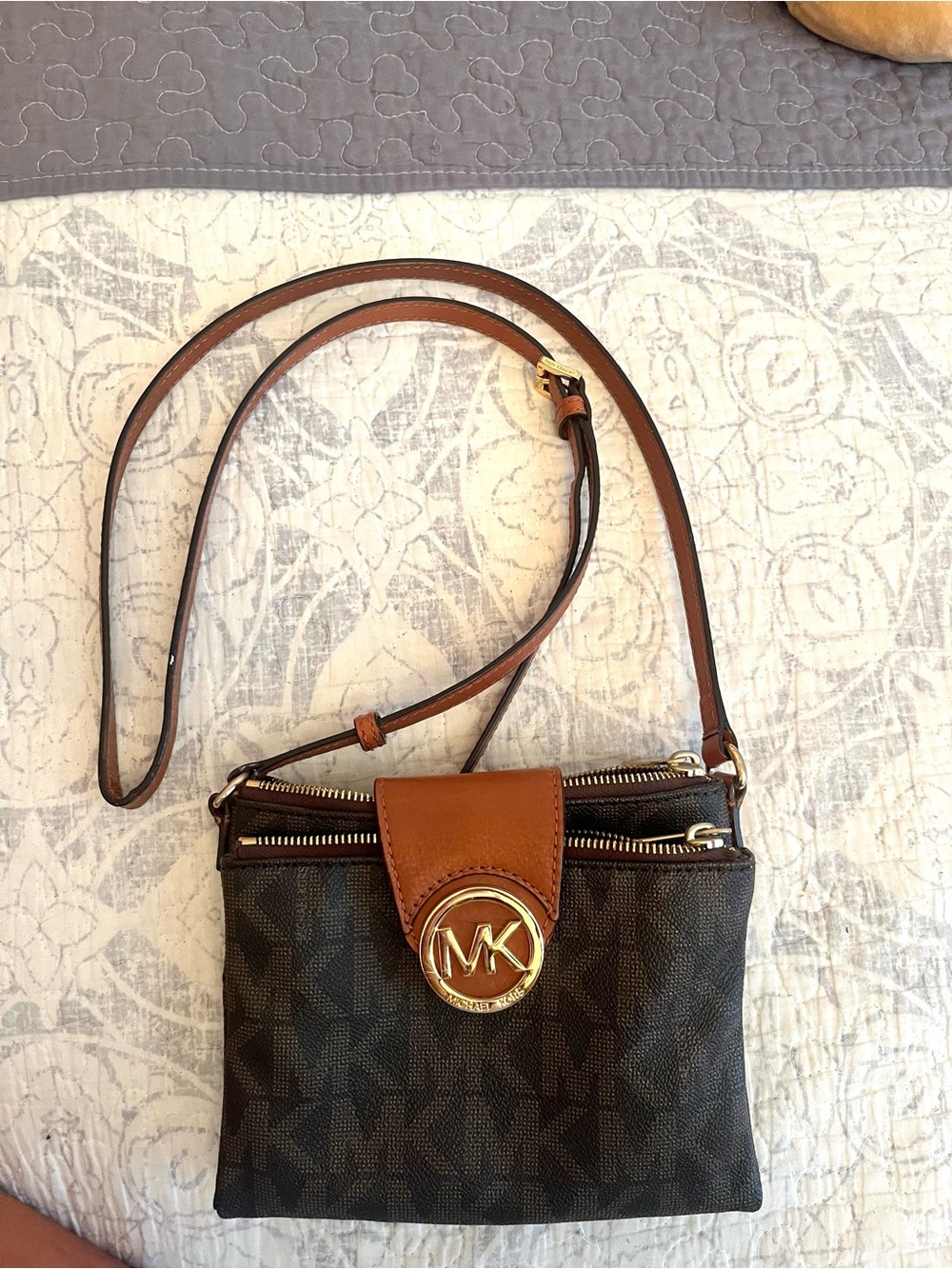 Michael Kors Brown and Tan Crossbody Bag with Signature MK Logo